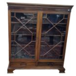 Early 20th century mahogany glazed bookcase having stiffleaf and beaded borders to the pediment,