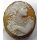 19th century carved shell cameo brooch with head and shoulders profile portrait of a Bacchanalian