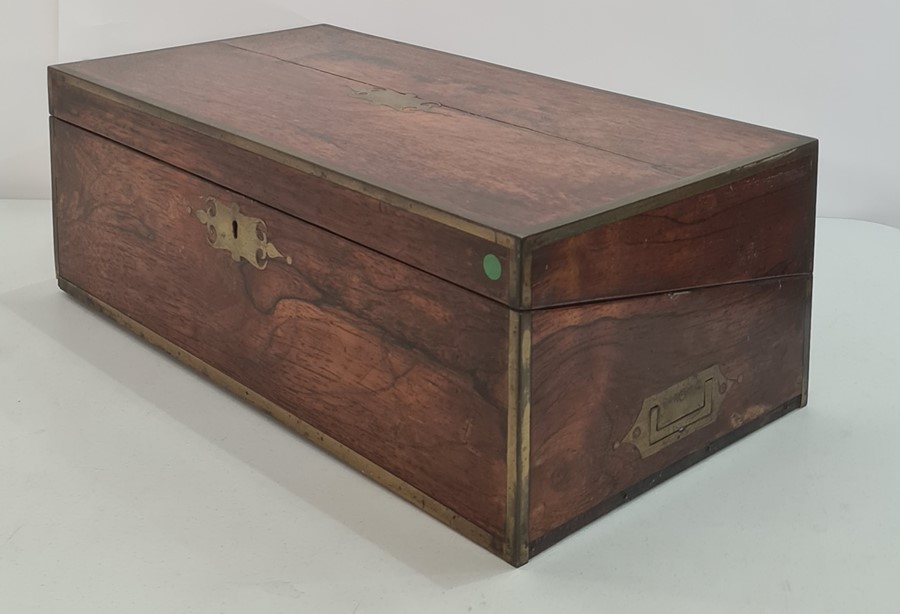 19th century rosewood, brass-bound writing slope with campaign-style brass handles , this need