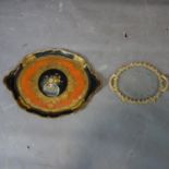 Two trays, painted rococo style W.45cm and decorative gilt metal on feet W.26cm