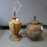 A twin handled pottery vase converted to a lamp H.35cm and another similar