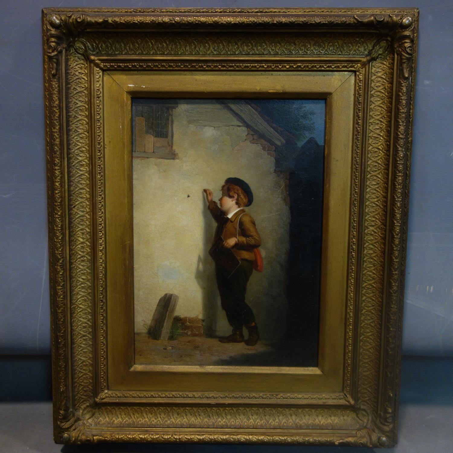 An oil on canvas of a young boy observing a fly on a wall, in gilt frame, 34 x 24cm - Image 2 of 2