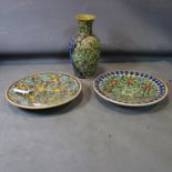 Two large Persian Isfahan dishes decorated with flowers, Diameter 44cm, together with a Isfahan