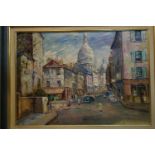 A 20th century french school framed oil on canvas, Paris street scene signed Chatou. H.50 W.70cm