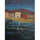 After Carlo Carrà, Houses on a beach with boat to foreground, oil on panel, bearing signature, 60
