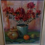 20th century Continental school, Still life of flowers, a jar, an apple and an orange, oil on board,