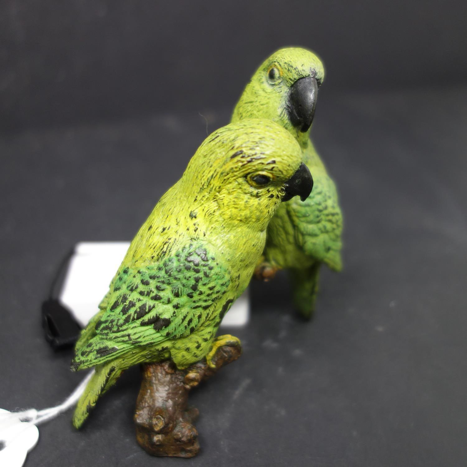 A cold painted bronze of two parrots on a branch, signed to reverse, H.10 W.10cm - Image 2 of 2