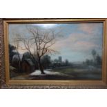 A gilt framed oil on board, country winter scene. H.28 W.45cm