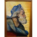D Heark, Portrait of an bearded man wearing a blue hat, oil on paper, signed lower left, 74 x 49cm