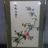 A Chinese framed and glazed embroidery on silk of song birds H.66 W.40cm