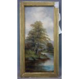 19th century British artist, the pond, oil on board, framed, 26 x 50 cm
