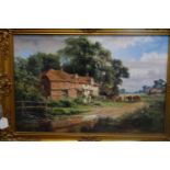 Possibly a giclée print of an oil painting on board attributed to Robert Gallon of figures and cows
