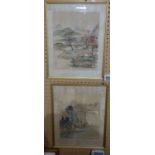 A pair of 20th century Japanese watercolours on silk, mountain scenes, 35 x 28cm