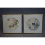 Two Japanese paintings on silk, one depicting two birds sitting on a branch, signed and with seal