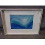 An abstract pastel on paper of the sun in a undulating blue sky, indistinctly signed lower right, 19