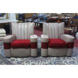 A pair of Art Deco grey and red armchairs, H.82 W.86 D.77cm