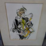 WITHDRAWN- A watercolour of a saxophonist, signed Ian Pihhan and dated 85 to lower left, framed