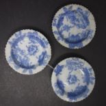 Three Japanese porcelain saucers with blue and white leaf transfers, 115mm diameter, with four
