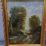 Early 20th century school, Sheep and sheepdog on a country path, oil on canvas, in gilt frame, 55