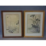 A pair of Chinese woodblock prints representing a pond heron and a lotus leaves, 19th century,