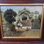 A naive oil on board of a girl leading a cow in front of a cottage, framed and glazed, 26 x 31cm