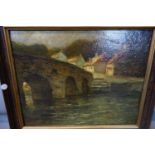An oil on board of a bridge over a river with cottages to background, indistinctly signed lower