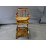 A vintage child's metamorphic hair chair/low chair, on castors, H.57 W.44 D.78cm (low chair), H.97cm