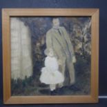 An oil on canvas of a man and child, monogrammed PW to lower right, framed, 12 x 12cm