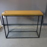 A rectangular metal and oak console table, H.90 W.119 D.39cm