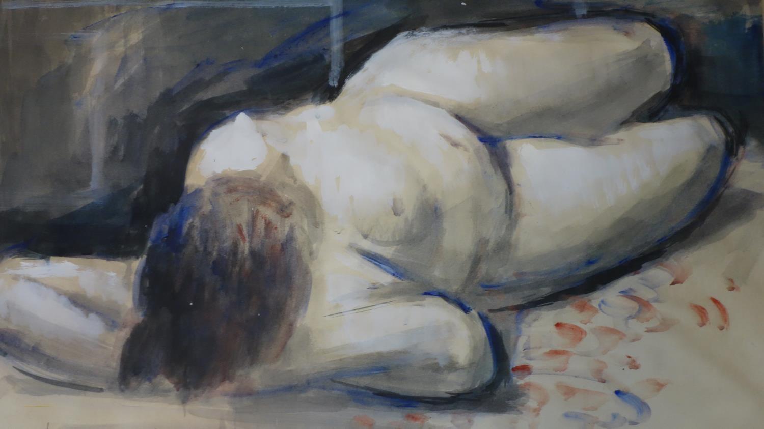 Emmanuel Levy (British, 1900 - 1986), 'Reclining Nude (11)', watercolour, label to verso, 38 x 63cm