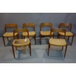 A set of six 20th century Danish teak dining chairs by Niels Moller, with woven seats and makers