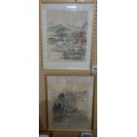 A pair of 20th century Japanese watercolours on silk depicting mountainous landscapes, 35 x 28cm