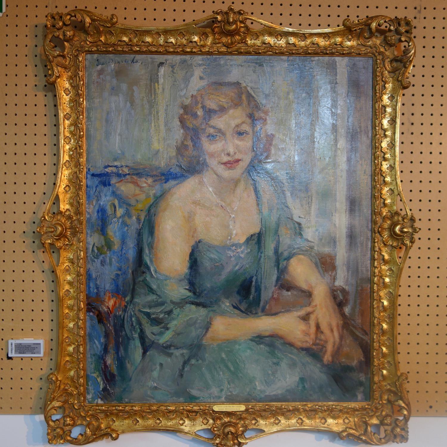 Joseph Oppenheimer (German, 1876-1966), Portrait of the Honorable Mrs Lascelles wearing a blue dress - Image 2 of 4