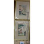 A pair of 20th century Japanese watercolours on silk depicting figures standing by a tree, 20 x 15cm