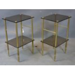 Two French 1970's gilt metal two tier bedside tables, with smoked glass tops, H.62 W.35.5 D.29.5cm