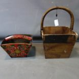 A wooden basket H.53 W.35 D.35cm and another painted smaller wooden basket