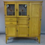 A vintage kitchen larder cabinet with 2 stained glass panels, H.158 W.137 D.38cm