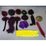A collection of faux fur items to include a Chanel purple hat, an Armani Purple muff warmer, Karl