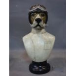 A moulded bust of a dog dressed as a racing driver, H.51cm