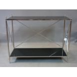 A contemporary two tiered rectangular console table, with black glass tops, H.78 W.100 D.41cm
