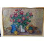 Charles Goedhart (20th century), Still life of flowers in a white vase, fruit in a bowl and a blue