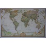 A large National Geographic Map of the World, framed and glazed, 73 x 112cm
