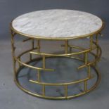 A contemporary circular gilt table with marble top, H.49cm Diameter 73cm