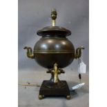 A copper and brass samovar converted to a table lamp, on square base with ball feet, H.47cm, one