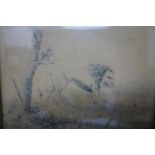 John Wootton (British, 1686-1765), A lion by a tree stump, original pencil sketch, in gilt frame,