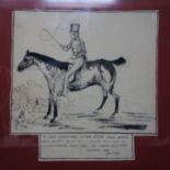 An engraving of a huntsman on a horse, inscribed 'To the Gentlemen of the Eton Coll Hunt, this plate
