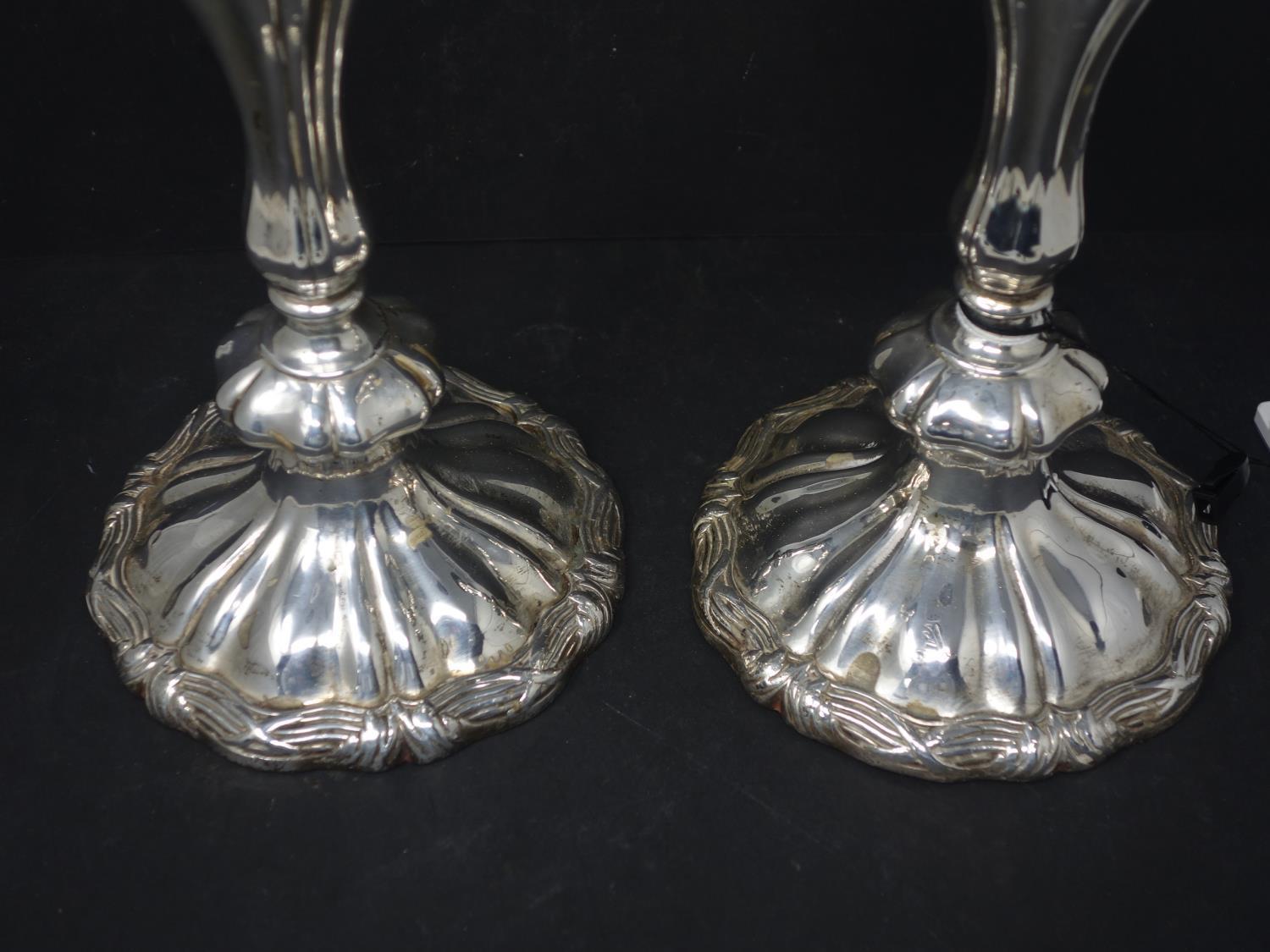 A pair of 19th century silver plated candlesticks, with knopped stem on spreading base, H.30cm - Image 2 of 4