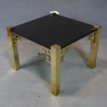 A Chinese solid brass table table, with painted black top, on square legs, H.43.5 W.59 D.59cm