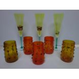 A set of three Murano Cenedese champagne flutes, signed, together with 5 art glass beakers, each