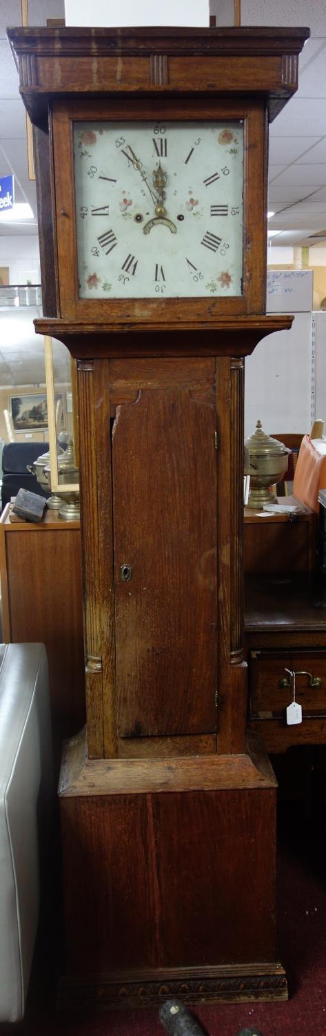 A late 18th century oak longcase clock, twin train movement, striking bell, 13" square painted - Image 2 of 5